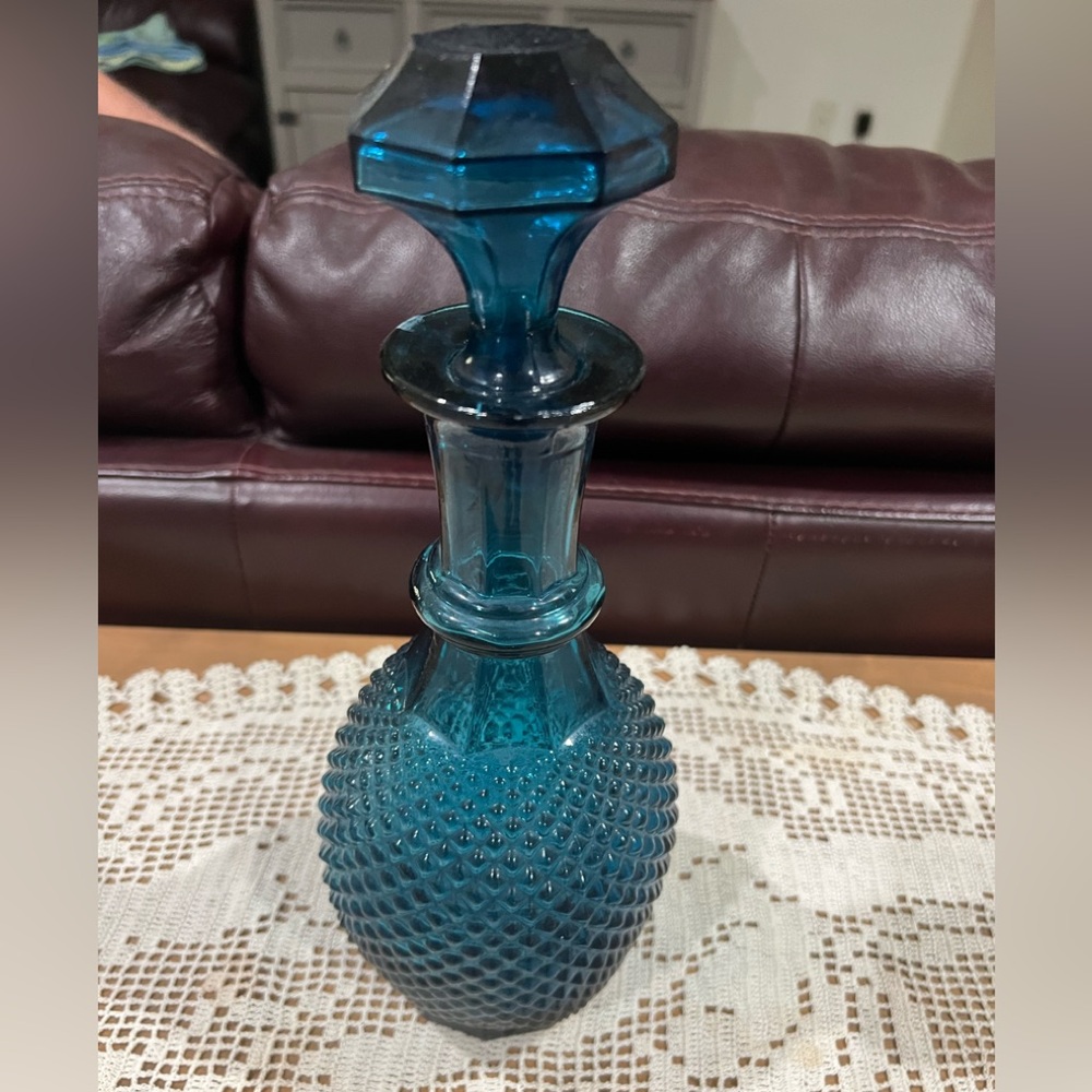Vintage MCM Empoli Diamond Point Teal glass Decanter.
